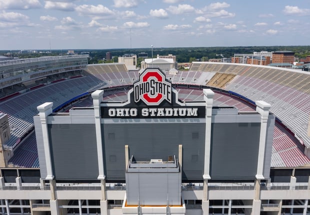 Columbus, Ohio, USA: Aerial view of Ohio Stadium, also known as the Horseshoe, the Shoe, and the House That Harley Built, is an American football stadium in Columbus, Ohio, on the campus of The Ohio State University.