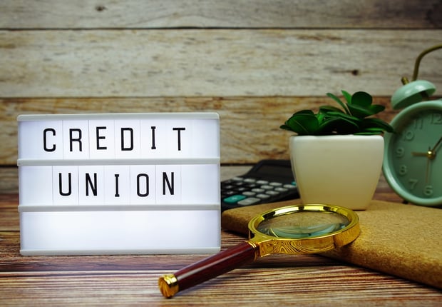 CREDIT UNION letterboard text on LED Lightbox on wooden background. Source: The College Investor