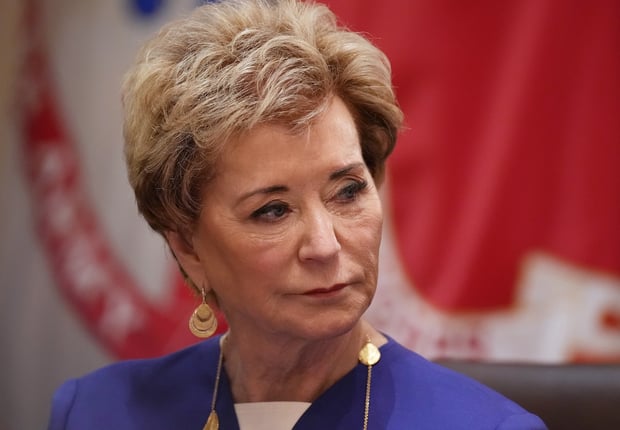 Secretary of Education Linda McMahon, attends a Cabinet meeting at the White House, Wednesday, May 27, 2026, in Washington. (AP Photo/Jacquelyn Martin)