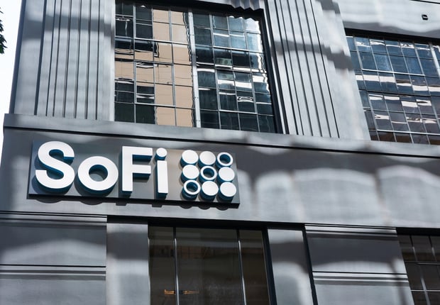 SoFi logo sign on headquarters facade. Social Finance is an online personal finance company - San Francisco, California