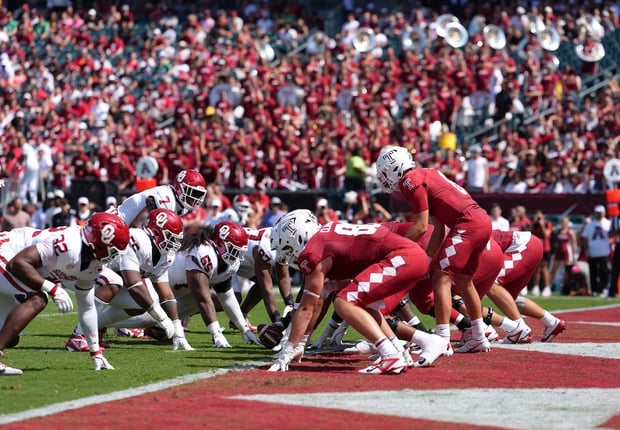 Sep 13, 2025; Philadelphia, Pennsylvania, USA; The Temple Owls line up inside their own endzone against the Oklahoma Sooners in the first half at Lincoln Financial Field. Mandatory Credit: Kyle Ross-Imagn Images
