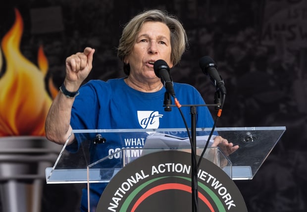 Randi Weingarten, president of American Federation of Teachers speaks during the rally at the end of 'March on Wall Street' organized by NAN. March started on Foley Square and proceeded via Broadway passing Charging Bull sculpture and ended on Whitehall street in New York, NY on August 28, 2025 with the rally. More than 2,500 people attended. They all protested President Trump and his administration abandoning of DEI (Diversity, Equity, and Inclusion) and specifically targeting people of color. (Photo by Lev Radin/Sipa USA)