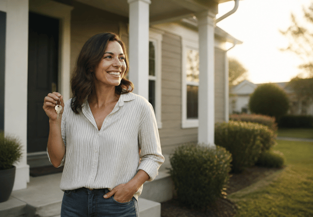 Smiling woman holding a set of keys outside a suburban home at sunset, representing homeownership after student loan forgiveness.