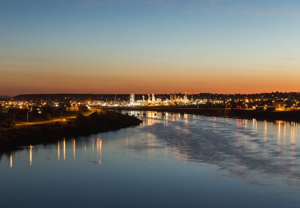 City lights of Great Falls, Montana over the Missouri River.