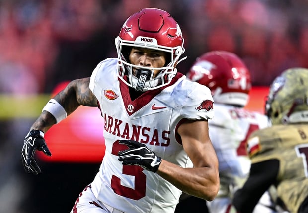Oct 3, 2026; College Station, Texas, USA; Arkansas Razorbacks wide receiver CJ Brown (3) runs a route during the first half against the Texas A&M Aggies at Kyle Field. Mandatory Credit: Maria Lysaker-Imagn Images