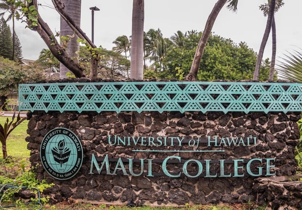 University of Hawaii, Maui college campus, set in green foliage and flower park along W. Kaahumanu Ave.