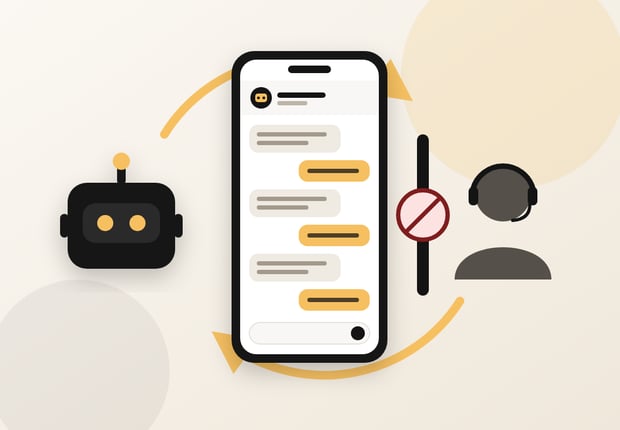 Illustration of an AI customer service chatbot trapping a consumer in a looping phone chat while a blocked barrier keeps them from reaching a human support agent