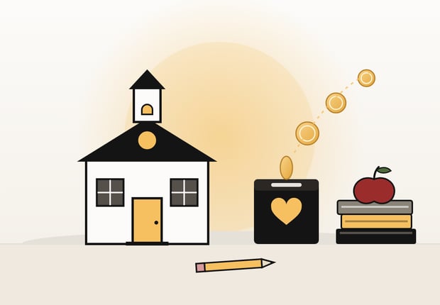 An image of a schoolhouse next to a donation box featuring a heart and a stack of books representing the Education Freedom Tax Credit