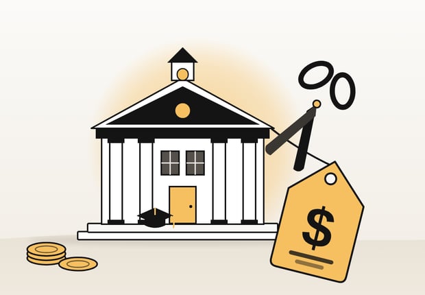 Illustration of a college hall with a large gold price tag hanging from its roof and scissors cutting the string, showing attempts to cut the cost of college.