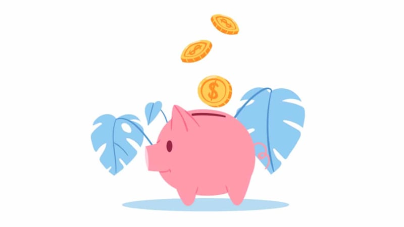This image features a friendly pink piggy bank, centrally positioned on a white background, with a golden coin adorned with a dollar sign actively dropping into its slotted back. Surrounding the piggy bank are stylized, light blue and pale green leaf illustrations, adding a touch of nature and growth. The top of the image prominently displays the red capitalized text "CHECKING ACCOUNTS" stacked above the blue capitalized text "FOR KIDS," clearly indicating the article's focus on starter checking accounts for children. This visual metaphor effectively conveys the concept of saving money and financial responsibility for kids, aligning perfectly with the article's discussion on the best starter checking accounts for kids, emphasizing low fees and strong parental control options to teach financial literacy.