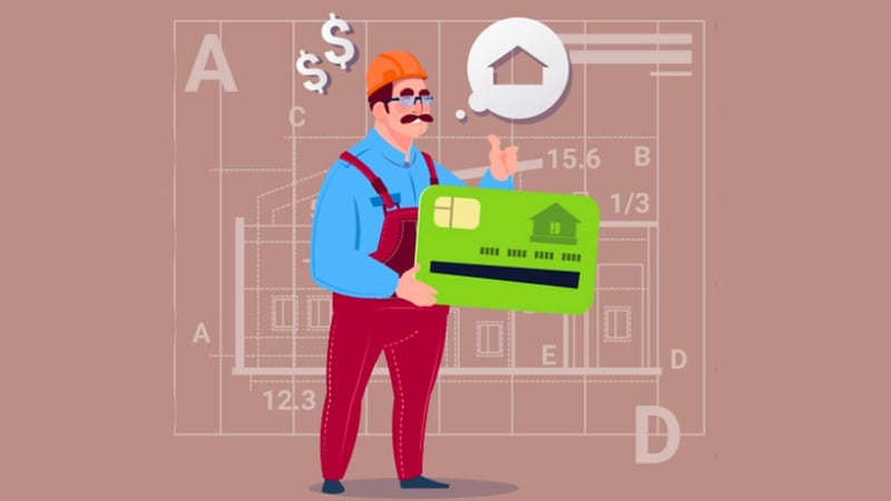 A cartoon illustration features a construction worker in an orange hard hat and red overalls holding a large, green credit card, while a thought bubble above his head displays a house icon. The credit card, a visual representation of credit-building apps and tools, has a small house logo in the top right, symbolizing home mortgages and property ownership, which often require a solid credit history. The background is a blueprint-style drawing with architectural letters and numbers like "A," "B," "C," "D," "15.6," and "1/3," emphasizing the foundational aspect of building credit and connecting it to significant financial milestones such as qualifying for loans. Two dollar signs float above the worker's head, representing the financial benefits and improved interest rates associated with a good credit score. The image effectively illustrates the article's focus on understanding credit history, how it's used by lenders, and the importance of credit-building apps to achieve financial goals like homeownership. Source: The College Investor