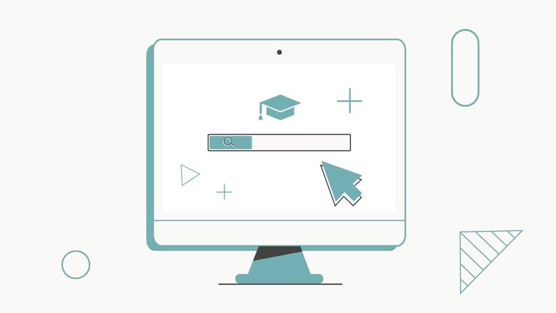 CollegeInvestor_1280x720_Can_You_Get_Financial_Aid_And_Student_Loans_For_Online_Courses A digital illustration on a light background depicts a desktop computer monitor with a search bar and a graduation cap icon, representing the "Student Aid Index (SAI)" and financial aid for college. A cursor shaped like a light blue arrow points towards the search bar on the screen, indicating a user looking for information. The monitor has a slight shadow, giving it depth, and light blue geometric shapes like a plus sign, triangle, and rectangles float around the screen, adding to the digital and educational theme. This image visually represents the process of searching for information related to financial need, FAFSA, and understanding what a "good" SAI means for students seeking grants and loans for online courses. | Source: The College Investor
