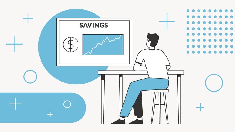 An image of a man sitting at a desk with a computer screen showing "Savings" and a dollar sign and chart moving upward. This reflects the best way to save for college. Source: The College Investor
