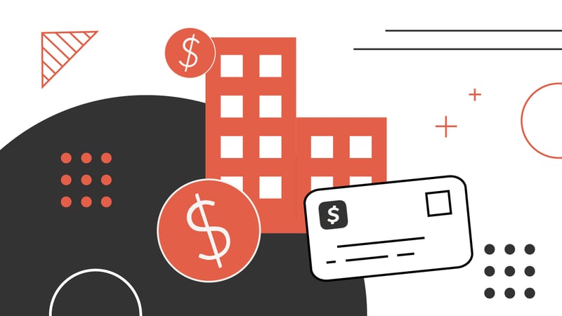 Best_Business_Checking_Account_1280x720 A minimalist graphic illustrating the concept of business banking and transactions, featuring a red two-building structure, symbolizing a bank or financial institution. Two circular red icons with white dollar signs float near the buildings, representing money or business funds. Below the buildings, a white debit card with a black dollar sign logo is depicted, suggesting payment methods and business checking accounts. The background includes abstract black and red geometric shapes like circles, dashes, and plus signs, creating a modern and clean design that emphasizes the digital nature of online business checking accounts. This image visually supports an article discussing the best business checking accounts and options for small business owners and side hustlers, highlighting financial tools and services like those offered by platforms such as Novo.