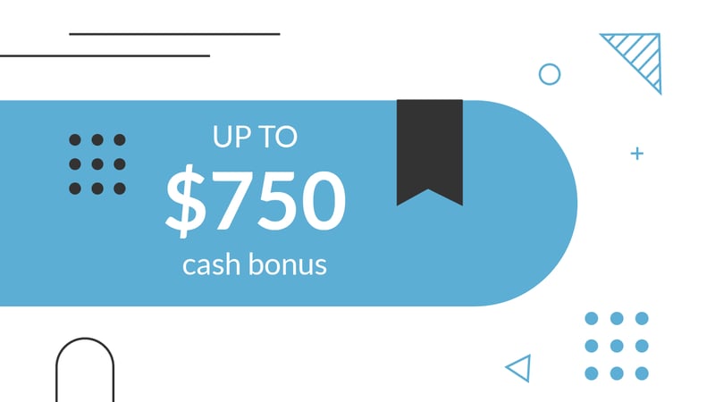 An abstract graphic features a prominent, rounded light blue banner in the center with "UP TO $750 cash bonus" written in white, bold text. A black flag-like shape is attached to the right side of the banner. The background is white, adorned with various geometric shapes in black and light blue, including small circles arranged in squares, thin lines, triangles, and plus signs, creating a modern and clean aesthetic. This image serves as a visual representation of the lucrative new business bank account bonus offers and promotions discussed in the article, highlighting the potential cash incentives like the $750 bonus for switching business banks, even though the article later updates to mention an $1200 bonus from U.S. Bank Business Checking.