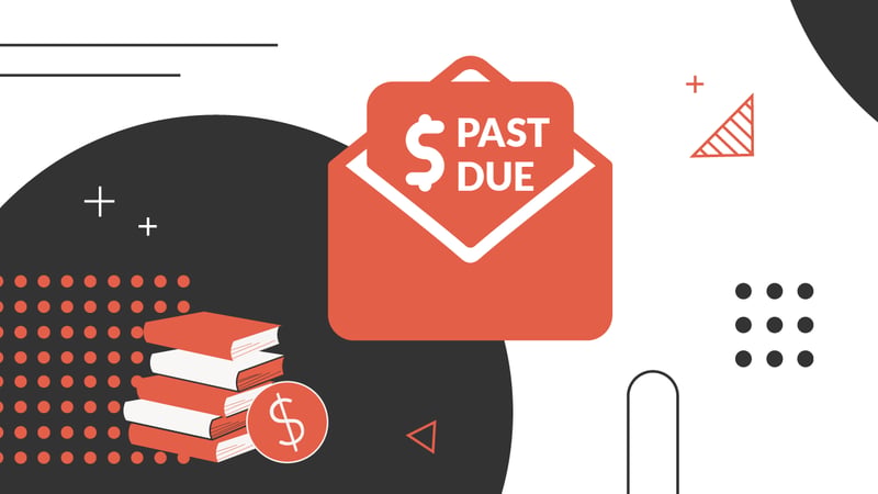 A bright red envelope, centrally positioned against a white and dark gray background, signifies a past due notice for student loans. The envelope is open, revealing a white document with a dollar sign icon and the words "PAST DUE" prominently displayed in white capital letters. To the right, a stack of four books with red covers and white pages symbolizes education, contrasting with the negative implications of the past due notice. Various abstract shapes and lines in black and red, including dashed lines, triangles, and dots, are scattered across the background, adding a modern, graphic design element. The lower left corner shows "COLLEGE INVESTOR" in black sans-serif font, clearly branding the image within the context of student loan discussions. This visual emphasizes the severe consequences of strategic default on federal student loans, reinforcing the article's warning against intentional non-payment and highlighting the financial penalties and collection actions taken by the federal government. Source: The College Investor