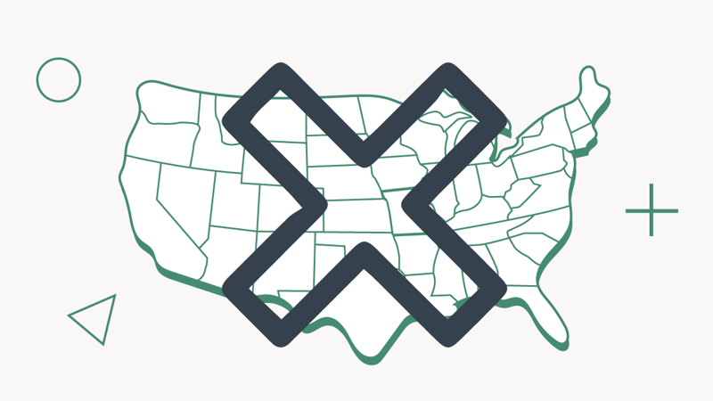 A bold, dark blue "X" symbol is centrally positioned over a light green outline of the contiguous United States map, which clearly delineates individual state borders. The "X" visually emphasizes a negative or prohibitive message regarding out-of-state schools, directly aligning with the article's argument for the advantages of in-state higher education due to factors like lower tuition, increased financial aid opportunities, and geographical familiarity. Scattered around the map on the light background are various abstract geometric shapes in light green, including circles, triangles, and plus signs, adding a modern, graphic design aesthetic to the image that reinforces the theme of college planning and financial considerations.