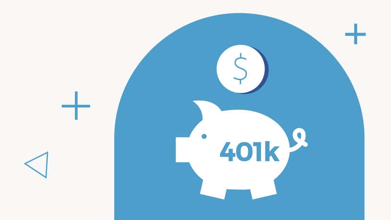 This graphic illustrates the concept of a Solo 401(k) plan, a key offering discussed in the Carry review article for solopreneurs and self-employed individuals. A white piggy bank with the text "401k" written on its side is prominently displayed against a solid blue, semi-circular background. A white coin with a dollar sign symbol is dropping into the piggy bank's slot, representing contributions to a retirement account. The lighter blue and white background features abstract shapes, including plus signs and triangles, adding a modern, clean aesthetic. The image effectively visualizes the ease of setting up a self-directed Solo 401(k) through Carry, highlighting how business owners can invest in traditional assets like stocks or alternative investments such as real estate and cryptocurrency for their personal finances.