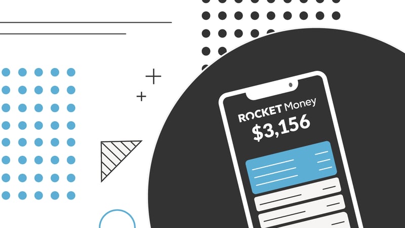 A modern, minimalist graphic representing the Rocket Money app on a smartphone, set against a background of abstract shapes and patterns. The white smartphone, outlined in a thin white border, displays "ROCKET Money" at the top, along with a prominent dollar amount of "$3,156," indicating its use as a personal finance platform for tracking budgets and net worth. Below the amount, there are blue horizontal bars representing financial data or transactions within the budgeting app interface. The smartphone is partially enclosed within a large, dark gray circle on the right side of the image, contrasting with the predominantly white background. The background features various geometric elements including a vertical row of light blue dots, thin black lines, small black plus signs, a shaded triangle with diagonal lines, and a pattern of small black dots along the top right edge. A light blue circle is partially visible at the bottom left, adding to the clean, digital aesthetic. This image illustrates the core functionality of Rocket Money, a comprehensive financial empowerment tool for managing money, canceling subscriptions, and tracking financial standing, as discussed in the accompanying article.