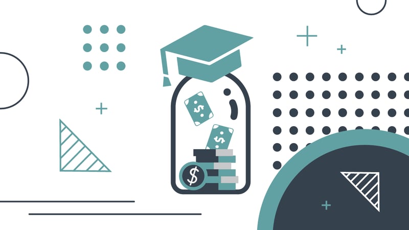 Dependent_vs._Independent_Student_For_Financial_Aid_1280x720 A graphic on a white background features a glass jar with a graduation cap on top, symbolizing student aid and education funding. Inside the jar, stacks of coins with dollar signs and floating dollar bills represent financial aid resources. The background is adorned with teal and dark gray abstract shapes, including circles, squares, plus signs, and triangles, creating a dynamic visual related to financial planning for college. This image illustrates the concept of the Student Aid Index (SAI) and its impact on financial aid eligibility, particularly what a negative SAI signifies for students with high financial need, as discussed in the accompanying article on understanding FAFSA results and college funding.