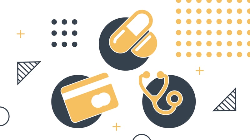 This illustrative image visually represents the key components and uses of Health Savings Accounts (HSAs) and Flexible Spending Arrangements (FSAs), which are both crucial for saving for healthcare expenses with pre-tax dollars. The graphic features three prominent circles with yellow icons against a clean white background. In the top circle, two yellow pill capsules symbolize prescription medications and other qualifying medical expenses. The bottom-left circle displays a yellow credit card, indicating the payment method for these expenses and the financial aspect of managing these accounts. The bottom-right circle contains a yellow stethoscope, representing general healthcare, doctor visits, and the broader medical services covered by HSAs and FSAs. Scattered around these central elements are minimalist geometric shapes in black and yellow, including dashed squares, triangles, and plus signs, adding a modern and professional aesthetic to this financial planning visual. Source: The College Investor
