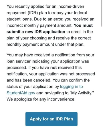 StudentAid IDR Letter Incorrect Payment calculation letter