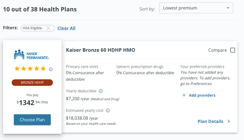 Screenshot of a health insurance marketplace displaying 2026 plan options in California. The featured HSA-eligible plan, Kaiser Bronze 60 HDHP HMO, shows a monthly premium of $1,342.94 and a $7,200 annual deductible. This visualizes the financial requirements for High Deductible Health Plans, highlighting the high out-of-pocket costs families face to access tax-advantaged Health Savings Accounts.Screenshot by The College Investor