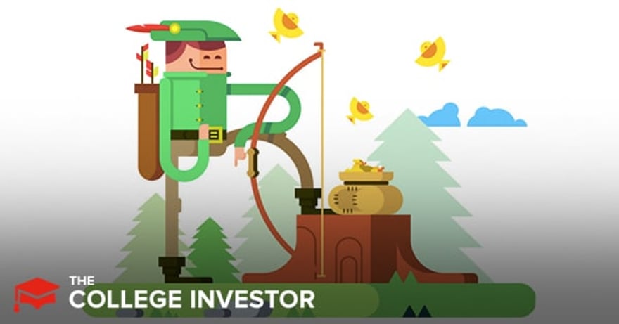 An illustrative cartoon image depicting a stylized Robin Hood-like character, wearing a green tunic, hat with a red feather, and brown boots, kneeling on one knee with a bow and arrow aimed towards a pot of gold coins resting on a tree stump. The character, with a friendly expression, has a quiver of arrows on his back. In the background, three small yellow birds fly above evergreen trees and blue clouds, creating a whimsical forest setting. The image visually represents the concept of Robinhood's commission-free trading and investing platform, as discussed in the article "Robinhood Review 2024," symbolizing the idea of taking from the rich (Wall Street firms) and giving to the less fortunate (everyday investors) through accessible financial tools like stocks, ETFs, options, and cryptocurrency trading. The bottom left corner features "THE COLLEGE INVESTOR" logo, connecting the image to the article's source.