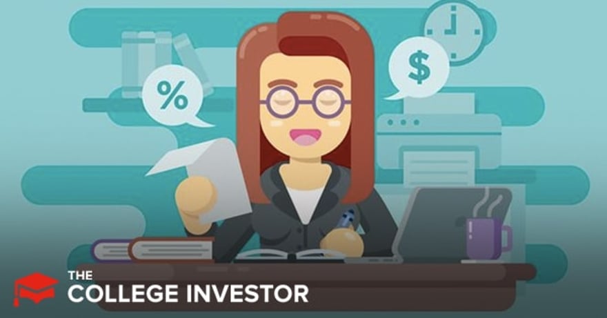 TWFB_PREP This animated image depicts a friendly female tax preparer with long reddish-brown hair and glasses, smiling cheerfully while seated at a desk. She is holding a document in her left hand, and a speech bubble with a percentage sign floats near it, suggesting calculations or tax forms. On the desk in front of her are open books, an open laptop, and a purple mug. In the background, a printer, a clock, and another speech bubble with a dollar sign further emphasize the financial and time-sensitive aspects of tax preparation. The overall scene, set against a teal background, illustrates the process of working with a qualified and experienced tax preparer to navigate taxes, whether for a simple or complex tax return, and highlights the goal of building a lasting relationship with a financial professional as discussed in the accompanying article on finding a tax preparer.