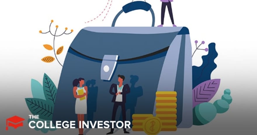 TWFB_SIMPLIFI This image illustrates the concept of personal finance management and investment, featuring a large blue briefcase or satchel as a central element. Two figures, a woman in a white dress holding a yellow book and a man in a suit, stand in front of the briefcase, suggesting a professional or financial context. To the right, a stack of gold coins and a larger coin with a dollar sign further emphasize the financial theme. In the background, abstract plant-like shapes in green and orange, along with dotted lines and a partial view of another figure, add a modern, digital feel to the composition. The logo "THE COLLEGE INVESTOR" is prominently displayed in the bottom left, connecting the visual directly to the article's focus on financial tools and apps like Simplifi by Quicken.
