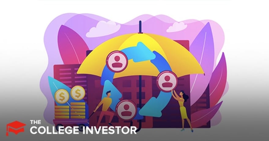A vibrant, purple-hued illustration shows two people interacting with a large yellow umbrella, which symbolizes protection and financial security. Below the umbrella, a blue circular arrow represents the continuous flow and exchange of cryptocurrency assets, with red person-shaped icons inside circles along the arrow indicating individuals engaged in the process. To the left, a man pushes a cart laden with stacks of gold coins topped with dollar signs, signifying investment or deposits. To the right, a woman holds one of the person-shaped icons, actively participating in the cycle. In the background, dark rectangular shapes resemble buildings or secure digital vaults, hinting at the secure holding of crypto. The bottom left corner features the logo "THE COLLEGE INVESTOR," reinforcing the article's focus on financial education and cryptocurrency investment platforms like Nexo, which allow users to earn interest on deposits and borrow against their crypto, highlighting the high-risk nature of these digital assets while also showing the potential for earning and borrowing.