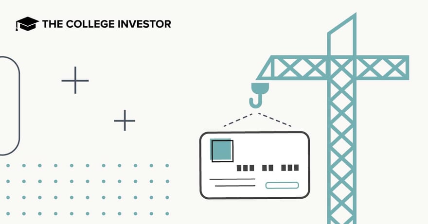This illustrative image, featured in an article about credit builder loans, depicts a teal-colored construction crane carefully lowering a white credit card into place against a light gray background. The credit card features a prominent blue square on the left, possibly indicating a chip, along with lines representing account numbers and a signature panel. To the far left, partially visible, is another outline of a rectangular card shape. Scattered across the background are small plus signs and a pattern of teal dots, adding to the graphic, clean aesthetic. At the top left, the logo for "The College Investor" is displayed, featuring a graduation cap icon. The image visually represents the concept of building or rebuilding credit, like with services from Cheers, by showing a credit card being constructed or put into position, emphasizing the foundational aspect of these financial tools for improving credit scores. Source: The College Investor
