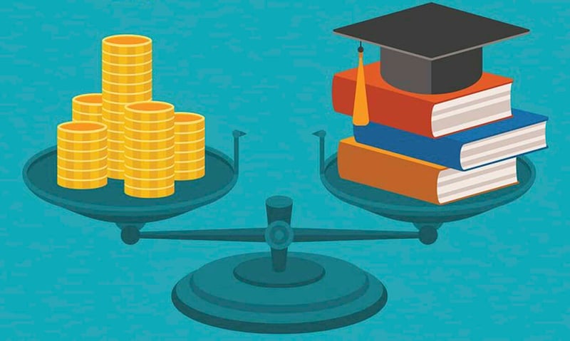 WP_MBA Graphic illustration of a teal balance scale set against a blue background, depicting the financial trade-offs of higher education. On the left scale pan, tall stacks of gold coins represent the high cost of tuition and potential student loan debt. On the right pan, a stack of red, blue, and orange textbooks is topped with a black graduation cap, symbolizing the MBA degree. This visualizes the critical decision students face when weighing the significant investment and financing options, such as federal versus private loans, against the value of attending business school. Source: The College Investor