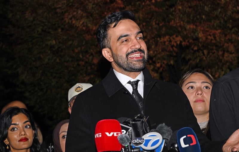 Assemblyman and mayoral hopeful, Zohran Mamdani, comes out to rally supporters on November 3, 2025 on the last night before Election Day in Astoria, Queens. Photo by: Andrea Renault/STAR MAX/IPx 2025 11/3/25