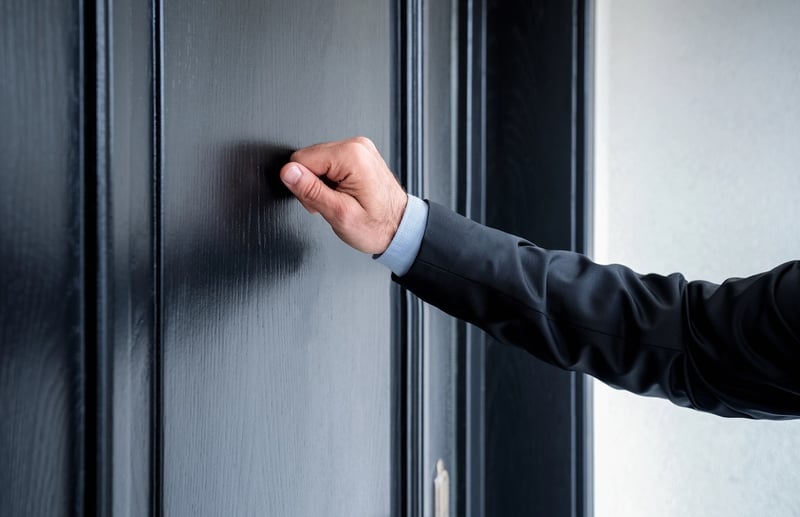 A close-up, eye-level shot captures a man's right arm and clenched fist as he firmly knocks on a dark, possibly black, wooden door with a panel design. The man is wearing a formal dark suit jacket and a light-colored dress shirt with blue cuffs, suggesting a professional demeanor. His hand is positioned centrally in the frame, highlighting the act of knocking, which visually represents the persistent pursuit of payments, likely by a debt collector. The image vividly illustrates the tension and stress associated with federal student loan delinquencies and missed payments, as discussed in the accompanying article about millions of borrowers falling behind, according to TransUnion data.