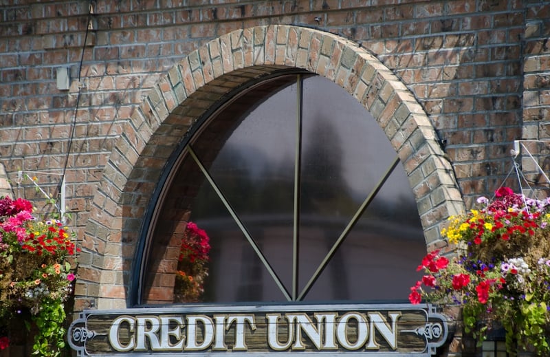 Window of a credit union surrounded by flower baskets Window of a credit union | Source: The College Investor