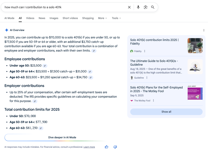 Solo 401k Solo 401k Contributions | Screenshot by The College Investor