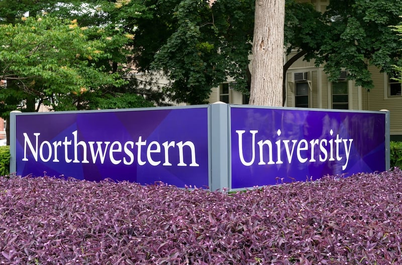 A prominent, angled purple sign for Northwestern University stands at the entrance to the campus in Evanston, IL, USA. The sign features "Northwestern" in white capital letters on the left panel and "University" on the right panel, both against a background with subtle geometric patterns. Lush, dark purple foliage, possibly ornamental sweet potato vines or similar groundcover, fills the foreground beneath the sign. In the background, beyond the sign and vibrant greenery, mature trees with full green canopies provide shade, and the corner of a building with visible windows can be seen. This image contextualizes the article's discussion of a recently dismissed lawsuit involving 40 U.S. colleges, including Northwestern, concerning allegations of financial aid collusion.