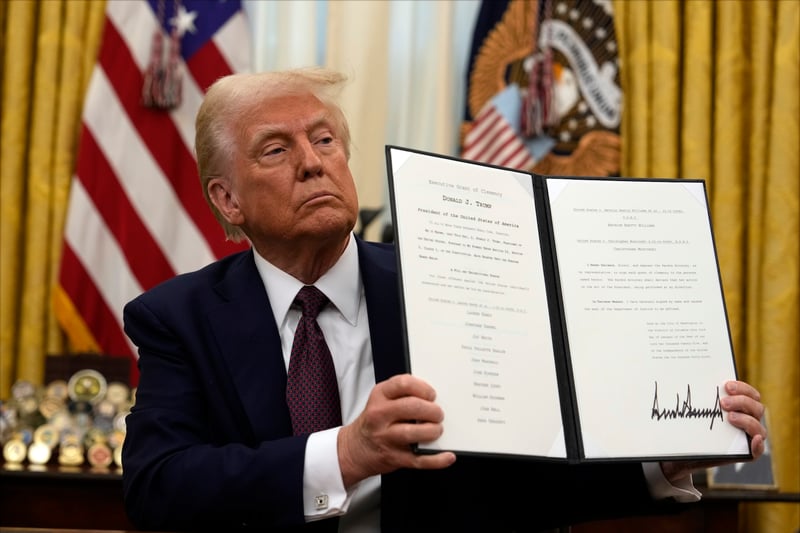 Donald Trump President Donald Trump holding up a order for clemency for anti-abortion protesters as he signs executive orders in the Oval Office of the White House, Thursday, Jan. 23, 2025, in Washington. (AP Photo/Ben Curtis)