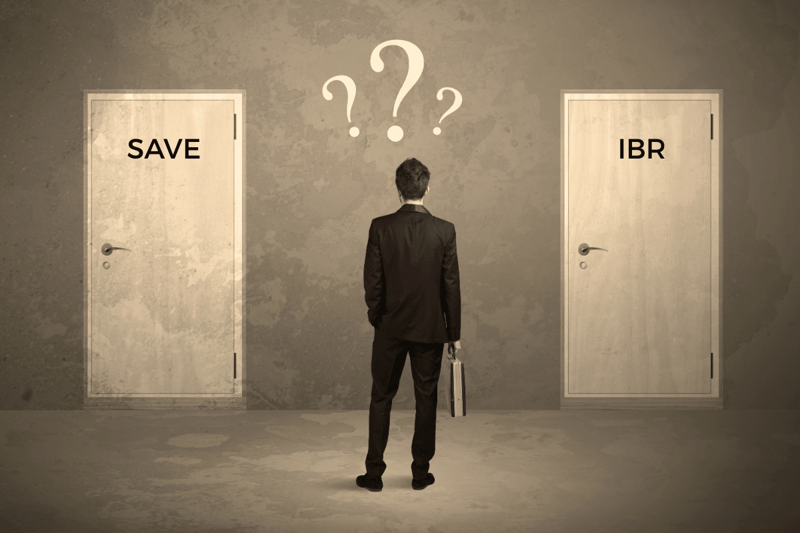 Illustration of a businessman in a suit holding a briefcase, standing with his back to the viewer and facing two closed doors labeled "SAVE" and "IBR." Three question marks float above his head, symbolizing the difficult decision student loan borrowers face regarding whether to switch from the stalled SAVE plan to Income-Based Repayment (IBR) or remain in forbearance as interest accrues starting August 1, 2025. Source: The College Investor