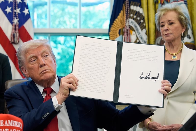 Trump and McMahon President Donald Trump holds a signed an executive order relating to school discipline policies as Education Secretary Linda McMahon listens in the Oval Office of the White House, Wednesday, April 23, 2025, in Washington. (AP Photo/Alex Brandon)