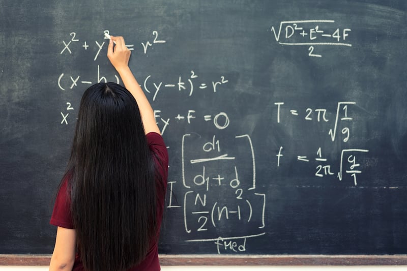 Math Class Sequence Rear view of a female student with long dark hair, wearing a maroon shirt, writing complex algebraic equations and geometry formulas on a large chalkboard. This image illustrates the critical role of mastering high school math concepts—specifically Algebra 2 and Geometry—as foundational preparation for success on the SAT and ACT exams. Source: The College Investor
