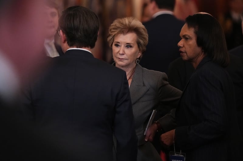 Education Secretary Linda McMahon is seen after a roundtable discussion on college sports in the East Room of the White House, Friday, March 6, 2026, in Washington. (AP Photo/Julia Demaree Nikhinson)