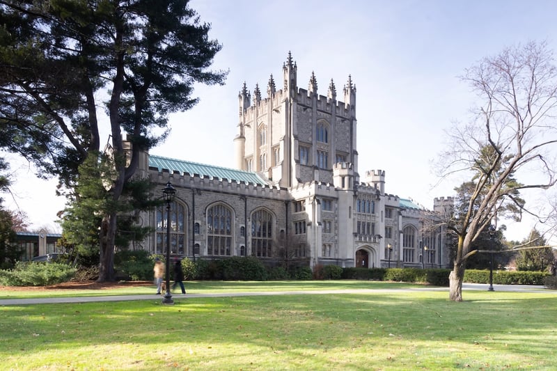 Photograph of the historic Vassar College, a private, coeducational, liberal arts college in the town of Poughkeepsie, New York. Founded in 1861 by Matthew Vassar