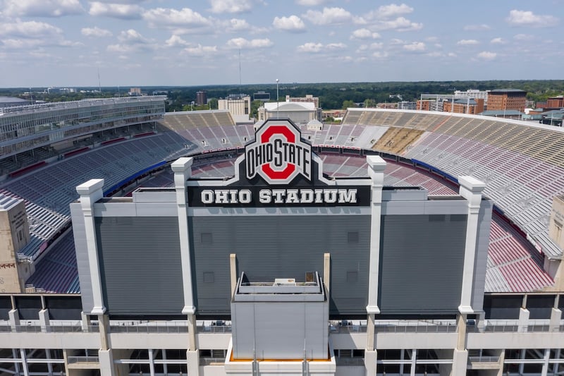 Columbus, Ohio, USA: Aerial view of Ohio Stadium, also known as the Horseshoe, the Shoe, and the House That Harley Built, is an American football stadium in Columbus, Ohio, on the campus of The Ohio State University.