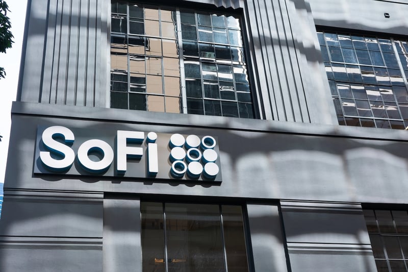 SoFi Student Loans SoFi logo sign on headquarters facade. Social Finance is an online personal finance company - San Francisco, California