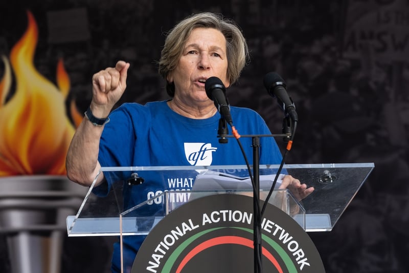 Randi Weingarten AFT Speaking Randi Weingarten, president of American Federation of Teachers speaks during the rally at the end of 'March on Wall Street' organized by NAN. March started on Foley Square and proceeded via Broadway passing Charging Bull sculpture and ended on Whitehall street in New York, NY on August 28, 2025 with the rally. More than 2,500 people attended. They all protested President Trump and his administration abandoning of DEI (Diversity, Equity, and Inclusion) and specifically targeting people of color. (Photo by Lev Radin/Sipa USA)