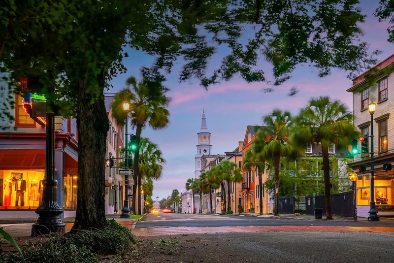 Historical downtown area of Charleston, South Carolina cityscape in USA at twilight