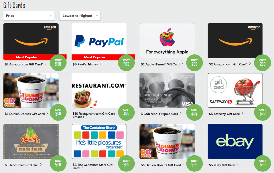 Screenshot showing PrizeRebel Gift Card Options