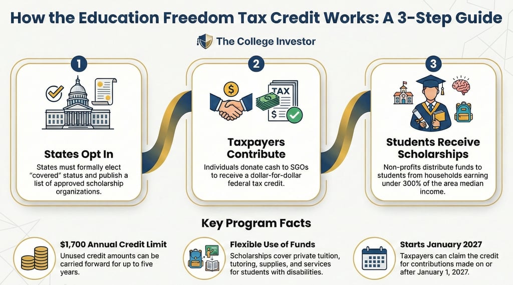 An infographic displaying the three step process required to navigate the education freedom tax credit. Source: The College Investor